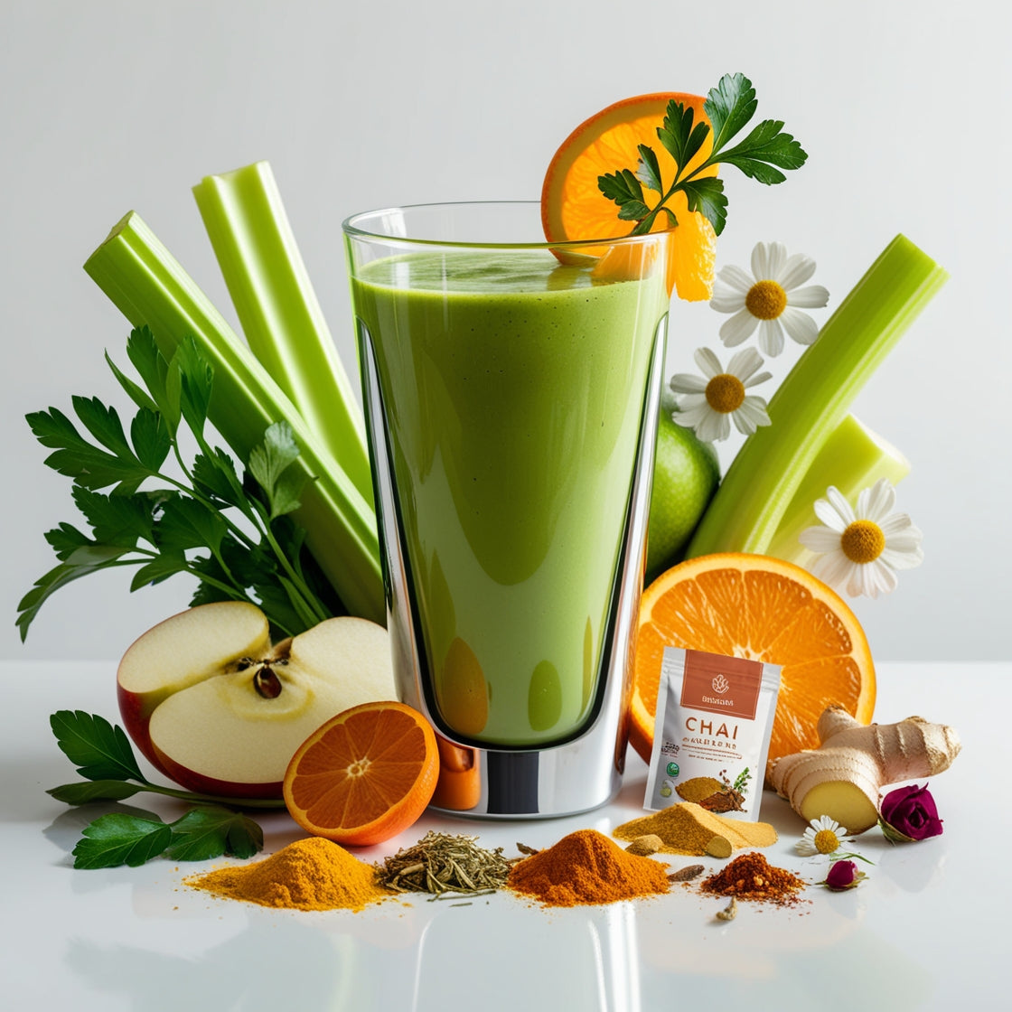 Smoothie Rezept Apfel auf der grünen Wiese - viele gesunde Zutaten