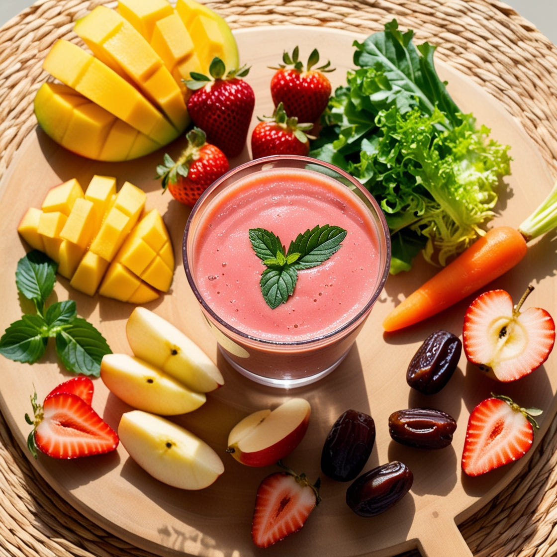 Rezept für Erdbeer Mango Melissen Smoothie - roh vegan