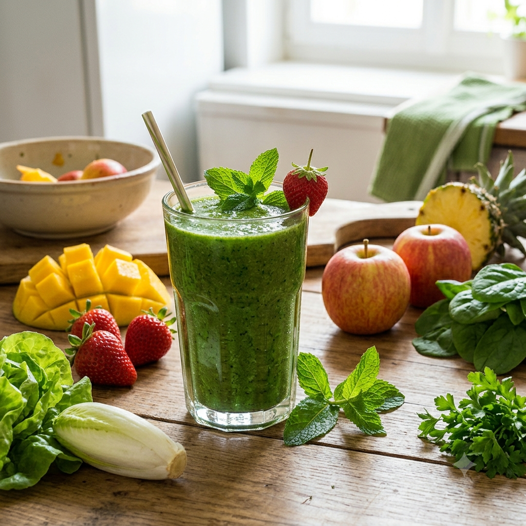Green multi-fruit smoothie recipe - very aromatic - raw vegan